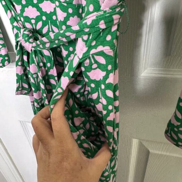 Boden US 12R/UK 16R Long Sleeve Knit Green Pink Floral Midi Dress Waist Tie - Picture 3 of 8